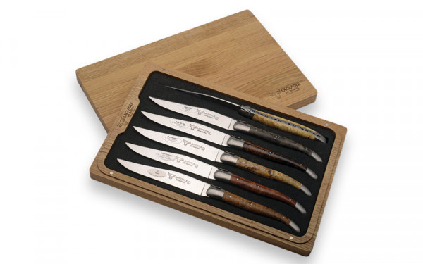 Laguiole en Aubrac Steakmesser-Set 6tlg mit verschiedenen Wurzelhölzern