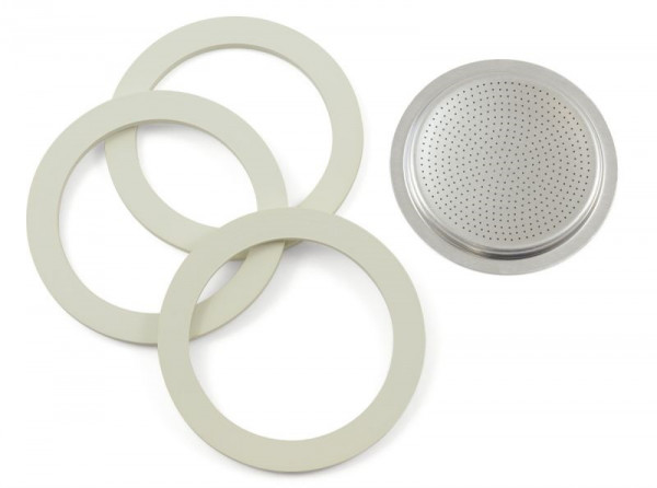 Bialetti 3 Dichtungsringe + 1 Filtersieb für 3/4 Tassen Aluminium Espressokocher