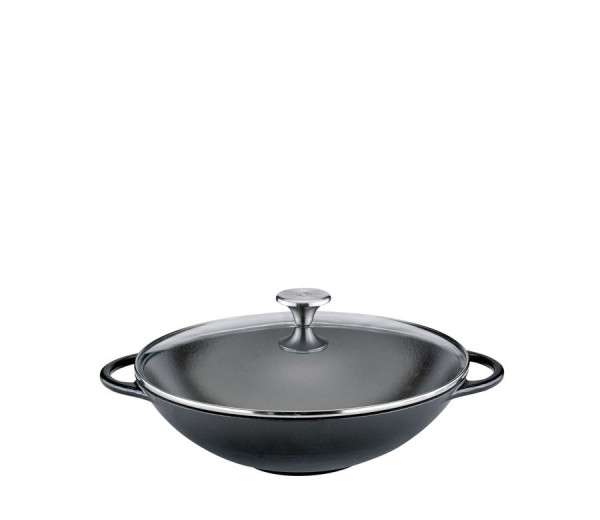 Küchenprofi Provence  Gusseisen Wok 30 cm mit Glasdeckel und Zubehör schwarz